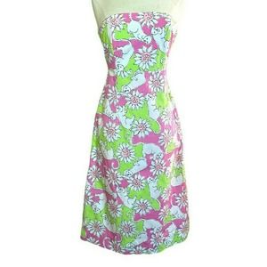 Lilly Pulitzer Strapless Dress Pink Green Open Back Dress Cut Outs Novelty Print